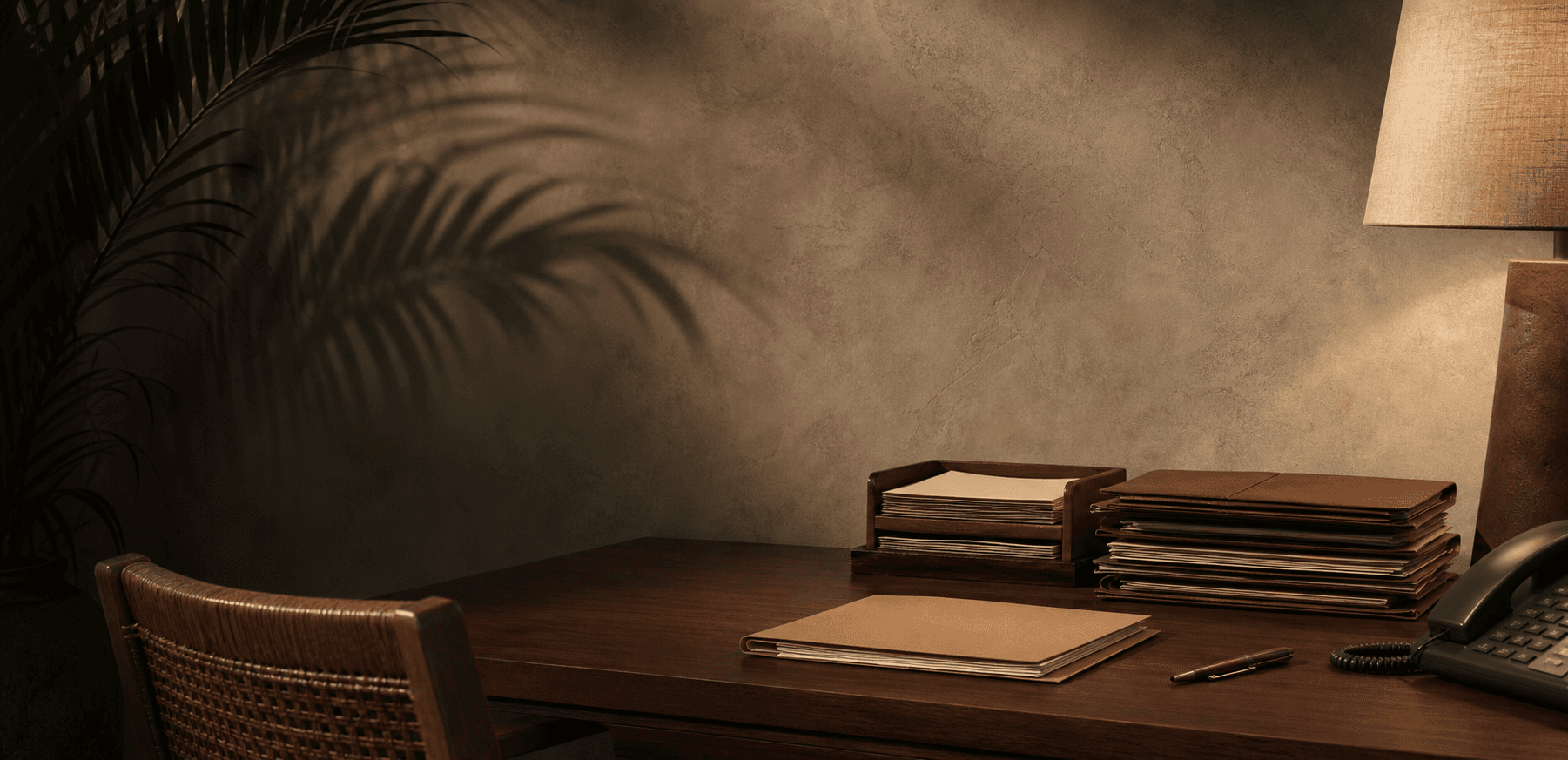 Operating desk with phone, files, and follow-up notes